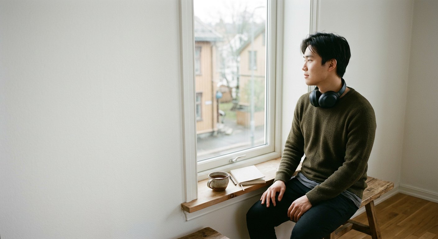 En ung mann sitter i vinduskarmen med en kopp te og ser ut
